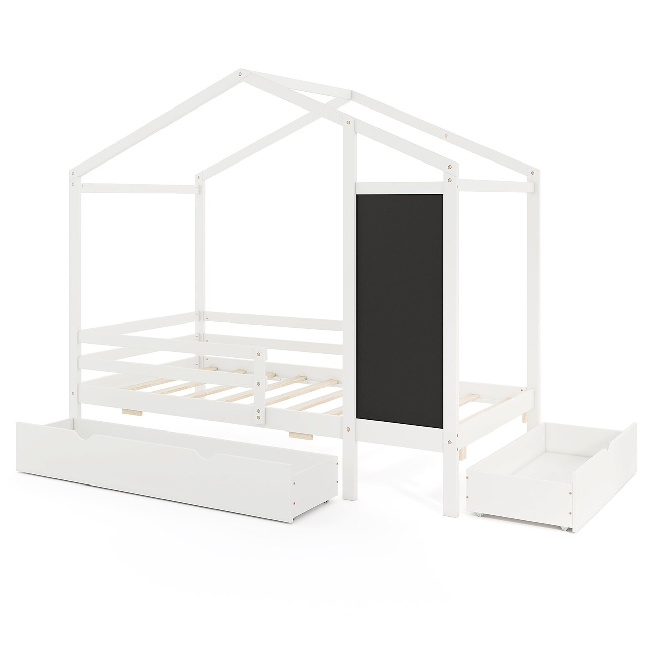 Wooden Twin House Bed with Storage Drawers Blackboard and Guardrails for Kids